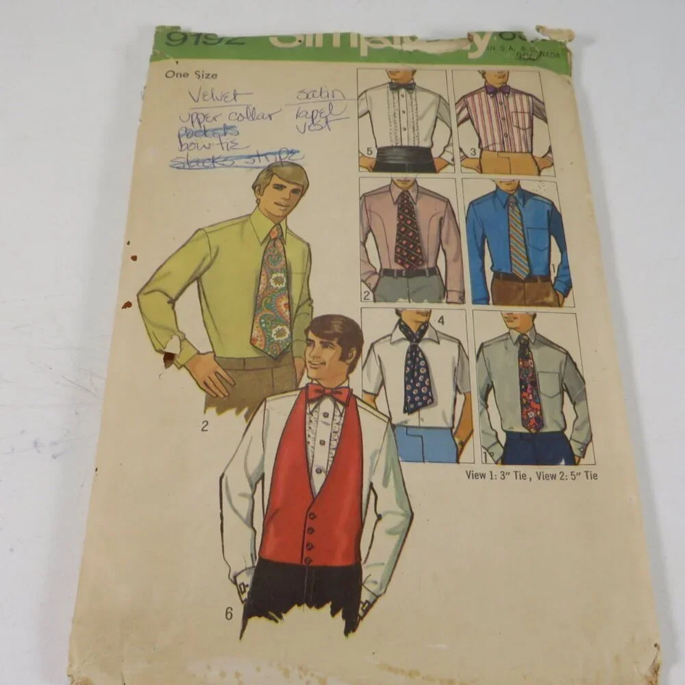 Simplicity 9192 Pattern One Size Neck Tie, Bow Tie, Ascot, Cummerbund, Vest